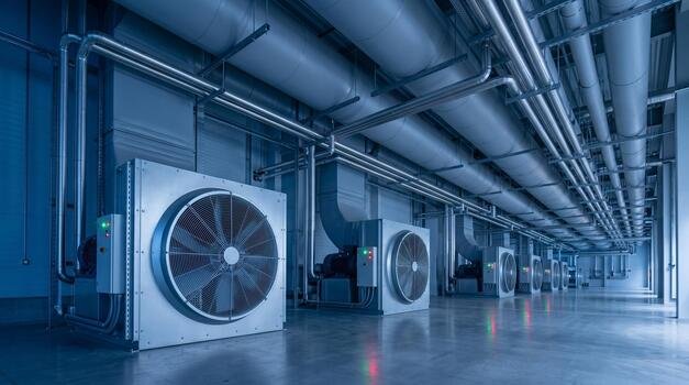 Industrial Hvac Ventilation System With Large Cooling Fans And Pipes In A Modern Factory Photo
